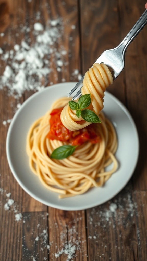 Plate of homemade pasta with tomato sauce and basil on a rustic wooden table.